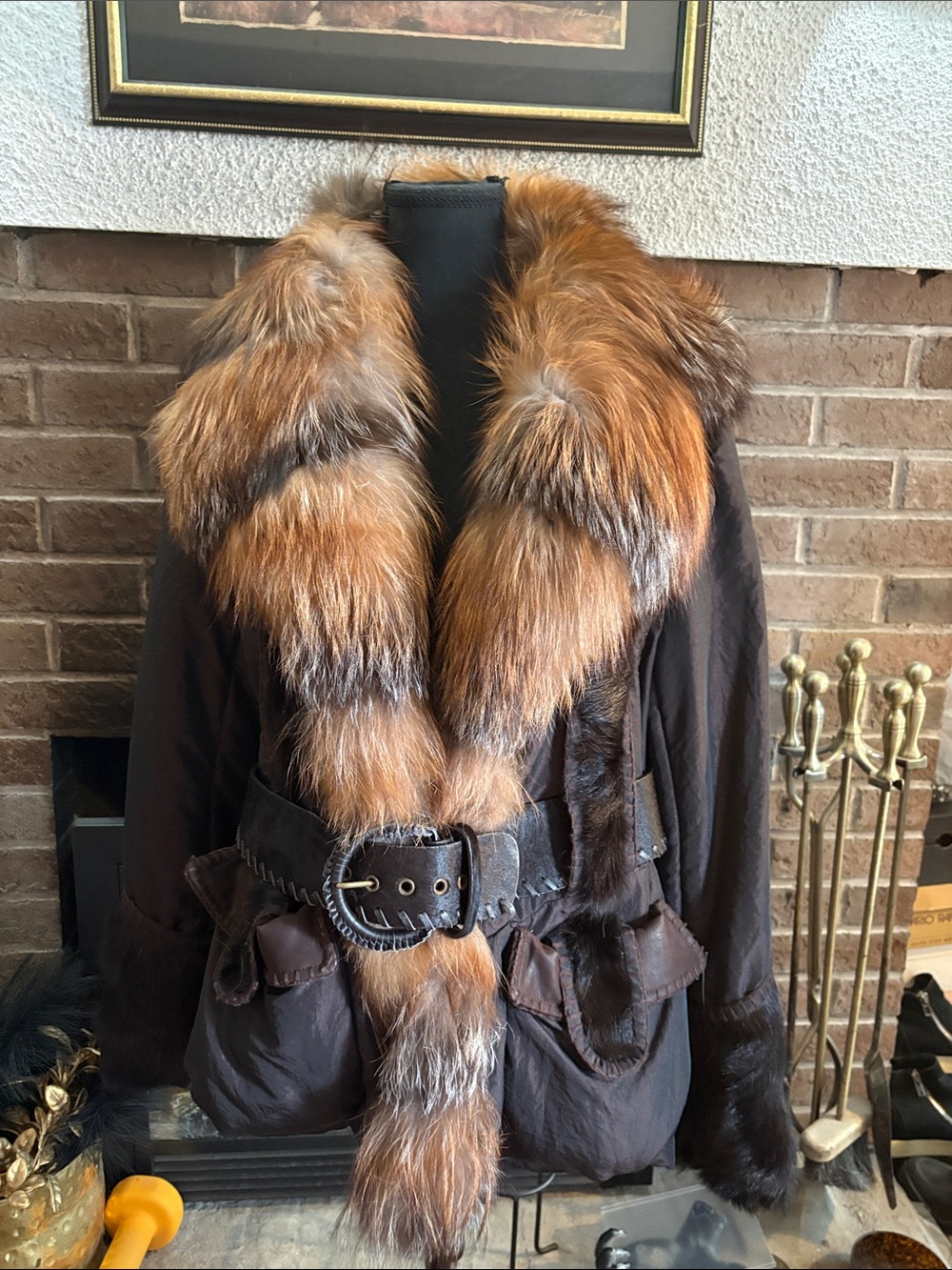 Dark Brown  Jacket with Red Fox Fur Trim and dyed goat fur